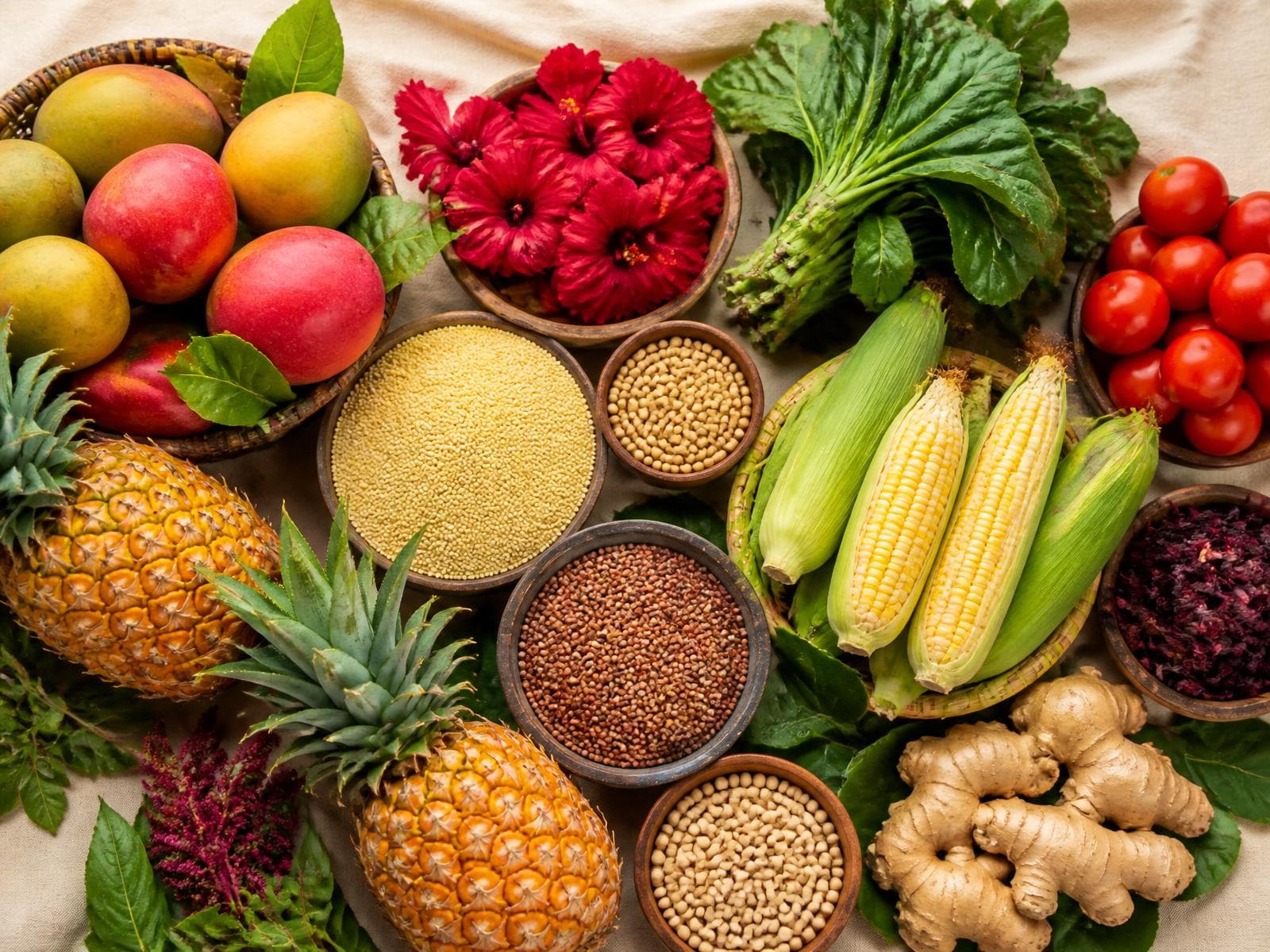 Fresh fruits, vegetables, and grains ready for processing